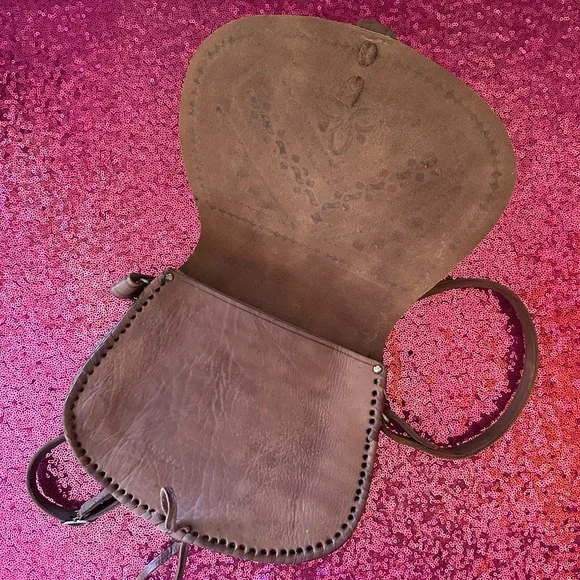 🍄‍🟫VINTAGE 70s Boho Cognac Genuine Leather Satchel Bag - Picture 5 of 8